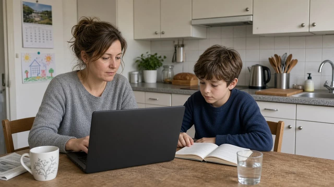 Mutter sucht am Laptop Nachhilfe, das Kind sitzt daneben mit einem Buch.