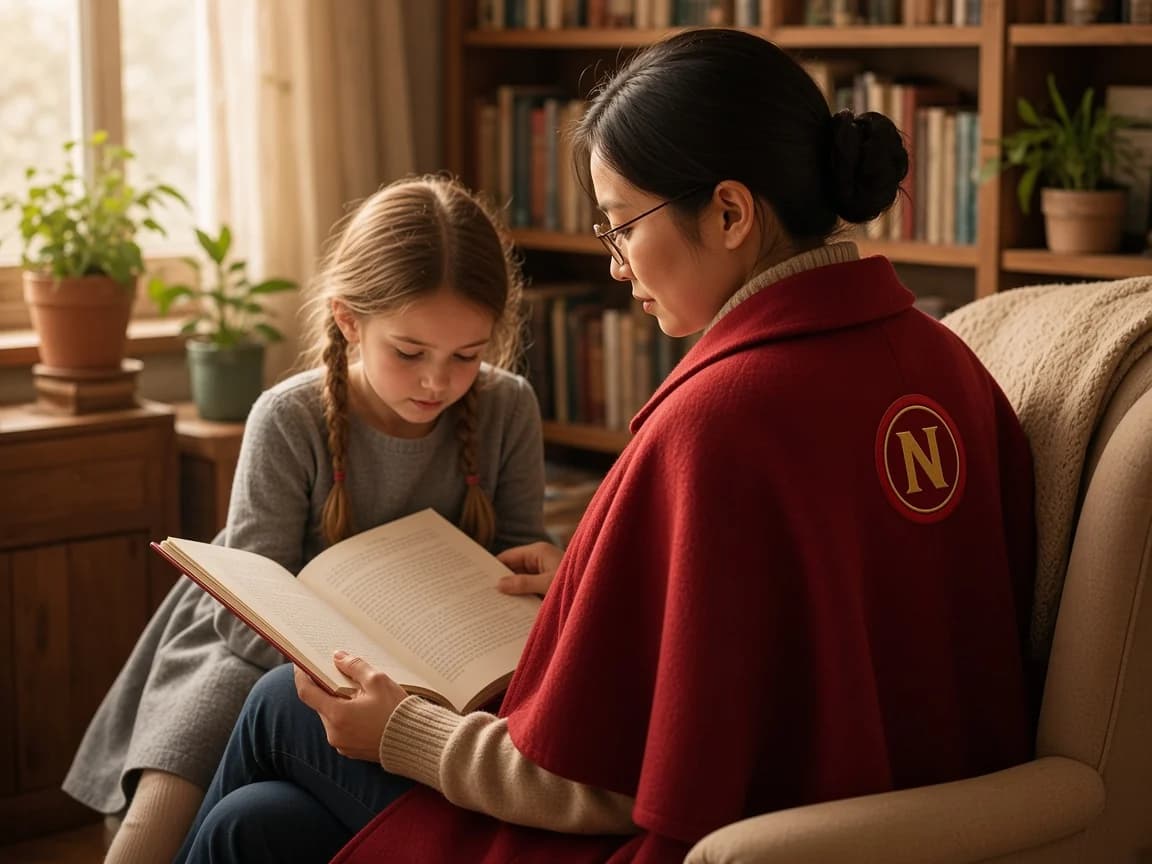 Tutorin mit Cape liest mit einem Grundschulkind in einer hellen Leseecke.