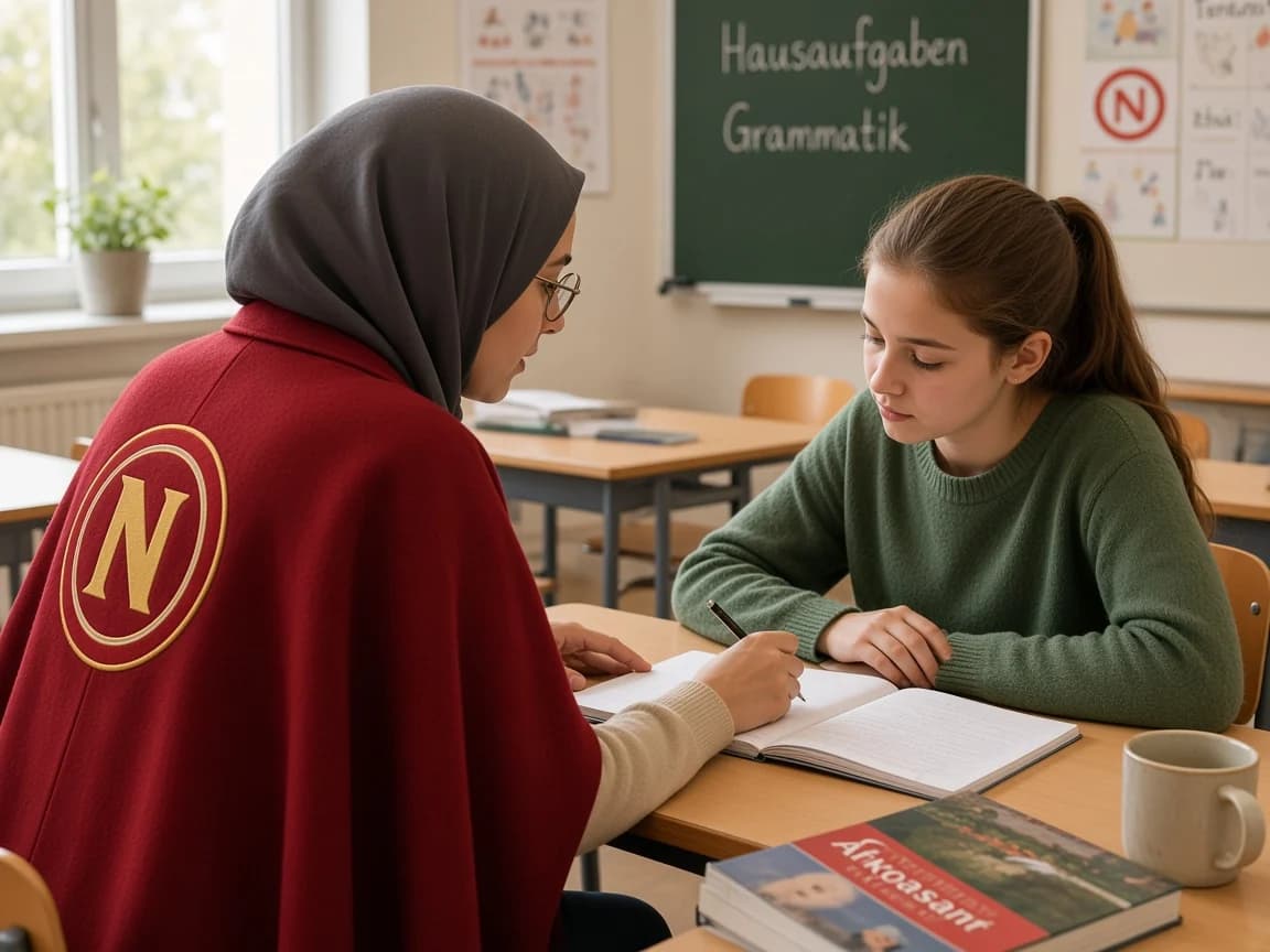 Lehrerin mit rotem Cape erklärt einer Schülerin am Whiteboard eine Aufgabe.