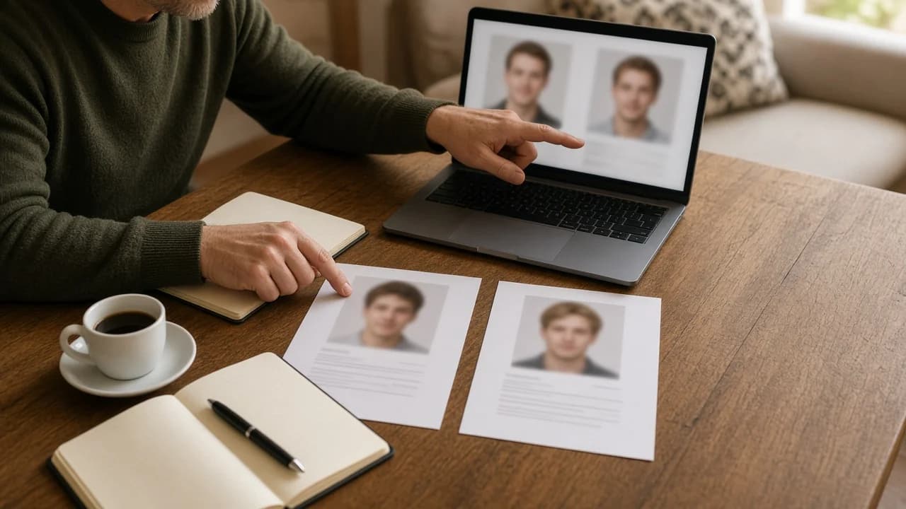 Elternteil vergleicht zwei Nachhilfe-Profile auf Karten und Laptop.